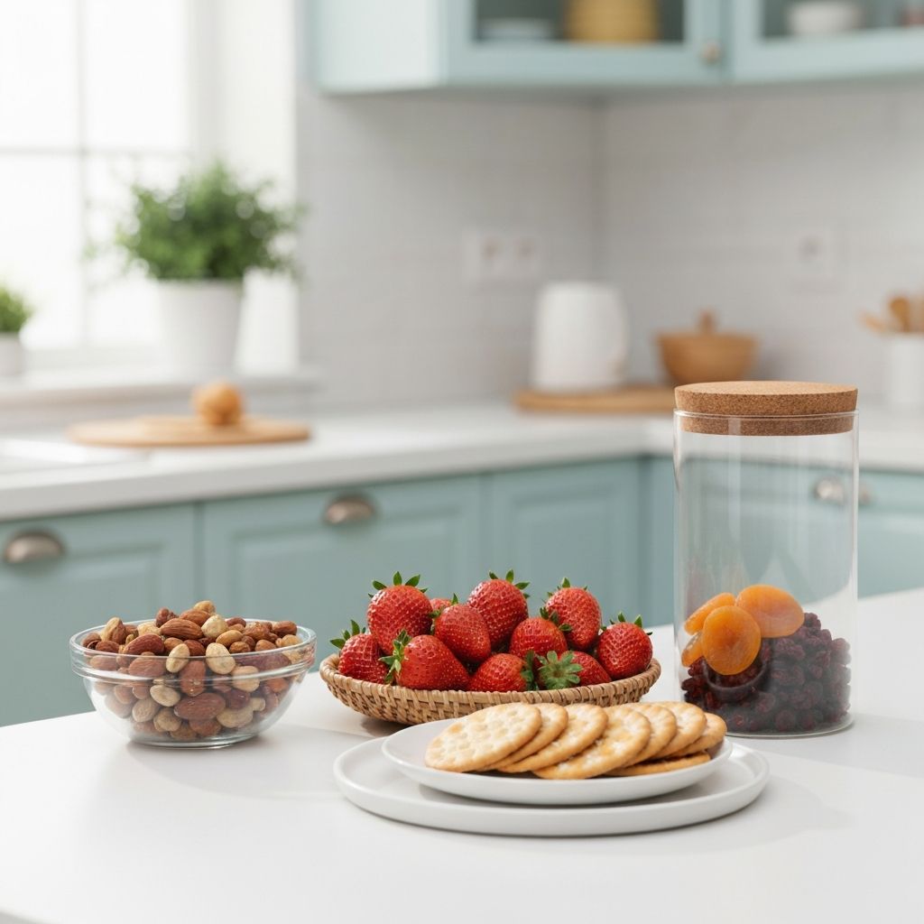 Kitchen counter with various food items arranged neatly
