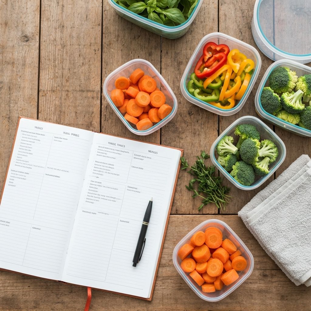 Calendar and meal planning materials on desk